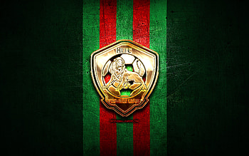 Humble Lions FC, golden logo, Jamaica Premier League, green metal background, football, jamaican football club, Humble Lions logo, soccer, Humble Lions HD wallpaper