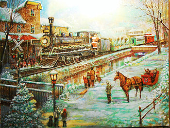 Santa's arrival - Ruane Manning, people, artwork, horse, painting, christmas, station, train HD wallpaper