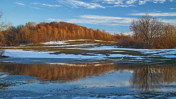 Spring Thaw! Central New York, river, snow, landscape, clouds, trees, sky, usa, melting HD wallpaper