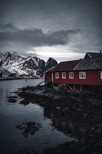 Nature, Mountains, Snow, Shore, Bank, House HD phone wallpaper