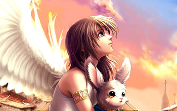 cute angel, wings, angel, girl, rabbit HD wallpaper