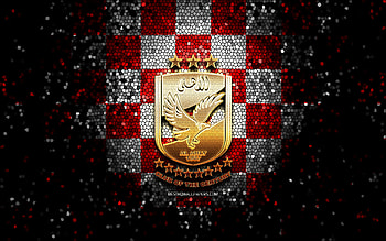 Al Ahly SC, glitter logo, Egyptian Premier League, red white checkered background, EPL, soccer, egyptian football club, Al Ahly logo, mosaic art, football, Al Ahly FC HD wallpaper