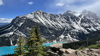 Lake Louise, Banff NP, Alberta, clouds, trees, landscape, sky, canada, mountains, rocks HD wallpaper