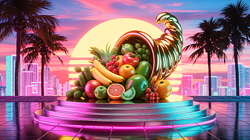 Cornucopia with Vibrant Fruits and Neon Sunset Skyline, cornucopia, fruit, palm tree HD wallpaper
