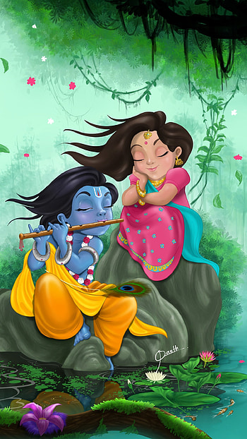 Radha Krishna , Painting, Little Radha, Little Krishna HD phone wallpaper