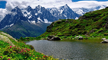 Mountain River, river, graphy, peaks, mountain, field, snow, scenic, clouds, flowers HD wallpaper