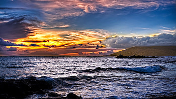 glorious sky, sea, fishing, clouds, rocks, sunset HD wallpaper