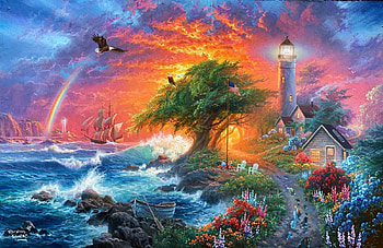 Coastal Light, boat, sea, ship, lighthouse, eagles, tree, artwork, painting, clouds, flowers, sky, cottage, sunset HD wallpaper