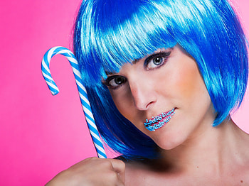 Beauty, blue, model, dessert, girl, food, woman, lollipop, candy, face, lips, hair HD wallpaper
