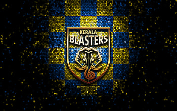 Kerala Blasters FC, glitter logo, ISL, blue yellow checkered background, soccer, indian football club, Kerala Blasters logo, mosaic art, football, FC Kerala Blasters, India HD wallpaper