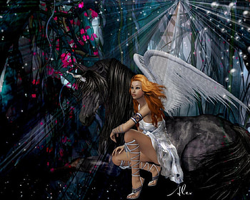 Angel and unicorn, wings, white, horse, girl, angel, dark, fantasy, unicorn, luminos HD wallpaper