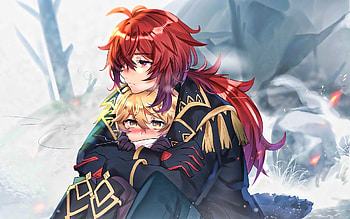 Aether, Diluc, winter, Genshin Impact, protagonists, manga, warriors, Diluc Genshin Impact, Aether Genshin Impact HD wallpaper