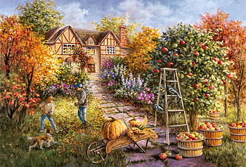 Fall Gathering, art, dogs, beautiful, people, illustration, artwork, wide screen, apples, painting, fruit, canine HD wallpaper