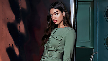 Girl Model Dua Lipa Is Leaning Back On Glass Door Wearing Green Dress Girls HD wallpaper