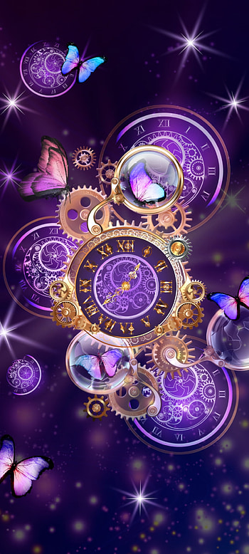 Fantasy Gear Clock, electric blue, art, pastel, butterfly, metal, luxury, Premium HD phone wallpaper