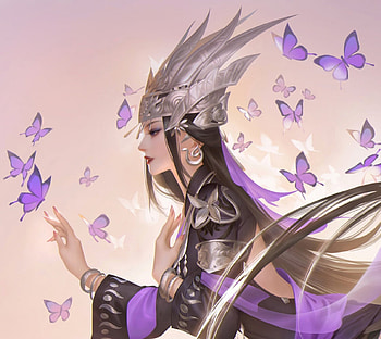 Fantasy girl, superb b, frumusete, gorgeous, fluture, girl, hand, purple, pink, butterfly, fantasy, arden, luminos HD wallpaper