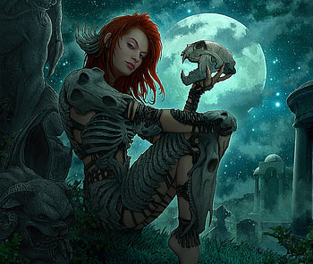 Defiler of the Moon, blue, skull, girl, kerem beyit, moon, fantasy, green, luna, luminos HD wallpaper