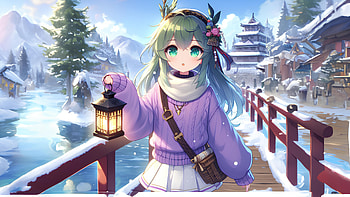 Anime, Anime, winter, girl, cute, green hair, anime girl, cute anime, winter anime, cute winter HD wallpaper