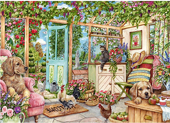 country garden, dogs, garden, country, house HD wallpaper