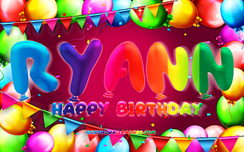 Happy Birtay Ryann, , colorful balloon frame, Ryann name, purple background, Ryann Happy Birtay, Ryann Birtay, popular american female names, Birtay concept, Ryann HD wallpaper