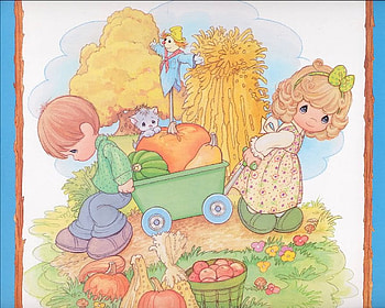 12 precious moments, sweet, children, hay, cute, apple, precious moments HD wallpaper