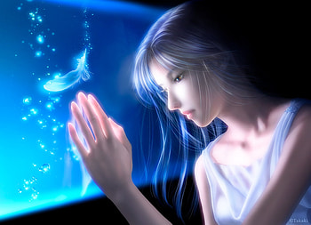 Lovely Water Feather, blue, cg, glowing, 3d, pretty, under, beautiful, girl HD wallpaper