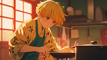 Zenitsu Cute Studio Ghibli Style Cooking In Japanese Costume, Anime, Demon Slayer: Kimetsu no Yaiba, Zenitsu Agatsuma, cooking, Orange Anime HD wallpaper