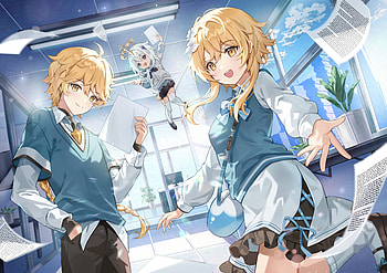 Genshin Impact : Aether, Lumine & Paimon in Dynamic School Scene, Genshin Impact, Aether (Genshin Impact), Lumine (Genshin Impact), Paimon (Genshin Impact) HD wallpaper