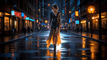 Woman In A Black Dress Walking On A Wet City Street At Night, ai-girls, woman, black-dress, walking, city, street, night, artist, artwork, art, digital-art, ai, deviantart HD wallpaper