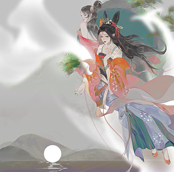 Fantasy girl, night, moon, fantasy, asian, art, luna, girl, water HD wallpaper