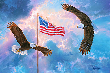 Symbols of dom, artwork, painting, clouds, sky, eagles, flag HD wallpaper