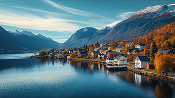Serene Fjord Town in, town, fjord, landscape, mountain, water HD wallpaper