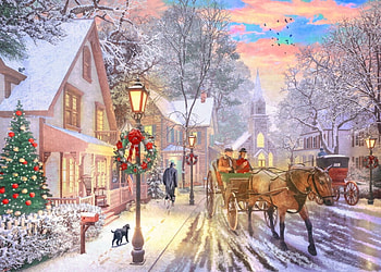 Dashing through the snow, art, painting, iarna, pictura, dominic davison, cal, winter, horse, craciun, christmas, street HD wallpaper