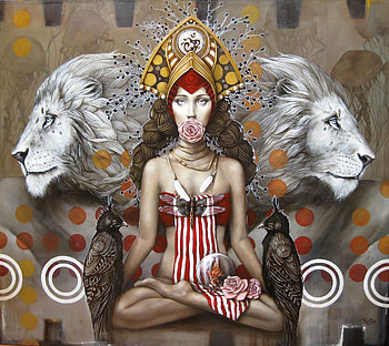 Anastasia, fantasy, art, pictura, red, circus, girl, lion, sophie wilkins, rose, painting HD wallpaper