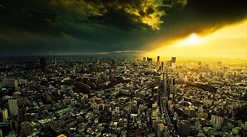cityscape under a veil of sunset, clouds, city, highway, sunset HD wallpaper