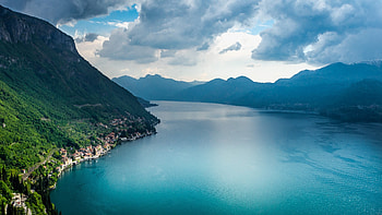 Lake Como, woods, landscape, Italy, lake, wood, clouds, trees, nature HD wallpaper