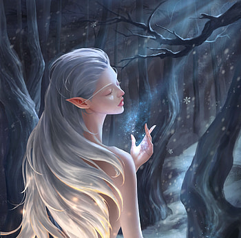 Winter elf, blue, winter, fantasy, art, leafart, leaf, girl, elf, luminos HD wallpaper