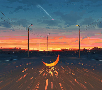 Moon on road, sunset, art HD wallpaper