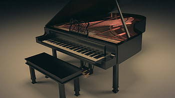 grand piano, artistic critique, 3D rendering, realistic representation HD wallpaper