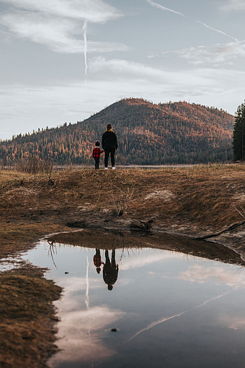 Landscape, People, Reflection, Miscellanea, Miscellaneous, Forest, Hill, Puddle HD phone wallpaper