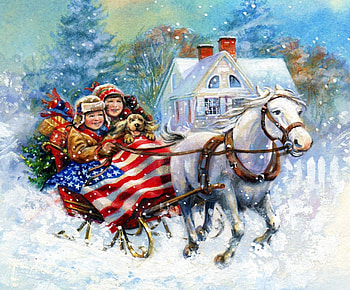 Furious Ride, horse, children, snow, christmas, house, flag, cart HD wallpaper