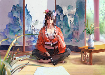:), kimono, asian, fantasy, art, yel lu, girl, yelli, orange HD wallpaper