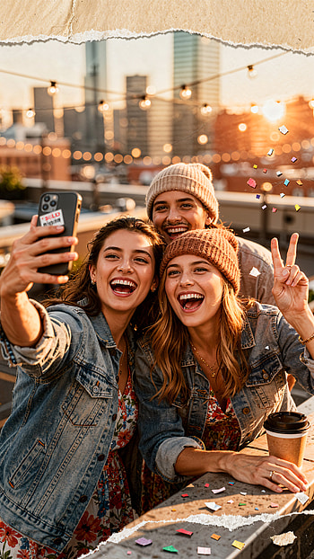 Rooftop Selfie Vibes / Golden Hour / Crew Selfie, friends, city skyline, cup HD phone wallpaper