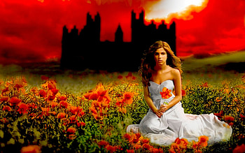 SPRING BEAUTY, poppies, girl, castle, spring HD wallpaper