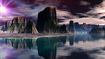 Canyon Reflections, starry sky, digital art, beautiful, reflections, lake, cliffs, canyon, clouds, water HD wallpaper