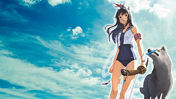 Anime Girls Black Eyes Hair Clouds Ice Cream Katana Long Low-angle Shot School Swimsuits Uniforms Weapons Wolves HD wallpaper