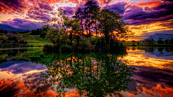 Beautiful Sunset, reflection, clouds, trees, colors, sky, lake HD wallpaper