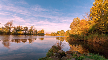 Fall tranquility, water, reflections, trees, colors, autumn, sky HD wallpaper