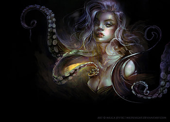 Sea creature, milica jevtic, golden, black, fantasy, milyknight, girl, octopus HD wallpaper