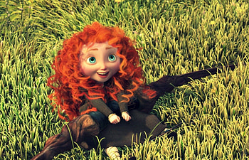 Princess Merida, brave, blue eyes, archer, disney, girl, grass, merida, green, movie, redhead, princess HD wallpaper